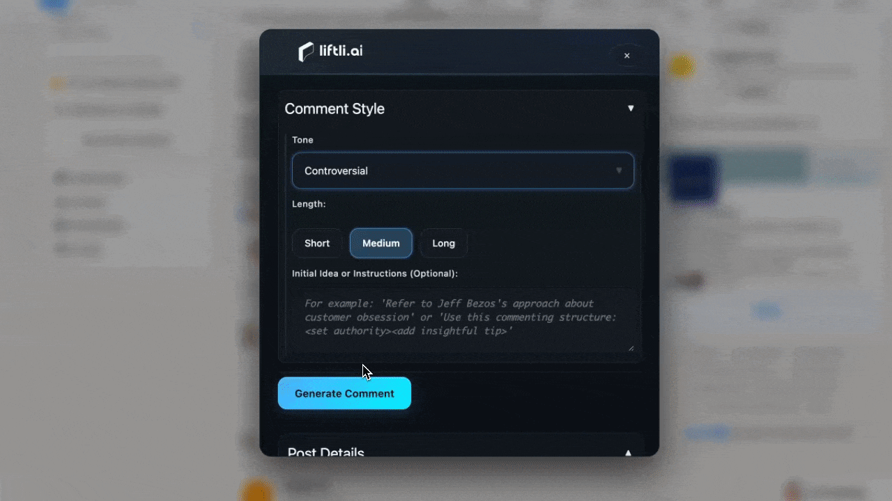 Liftli AI generating multiple comment options
