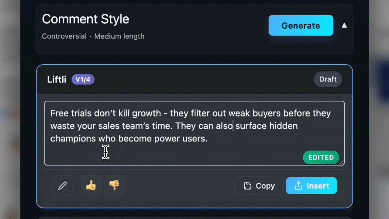 Liftli interface showing how to publish comments and track engagement
