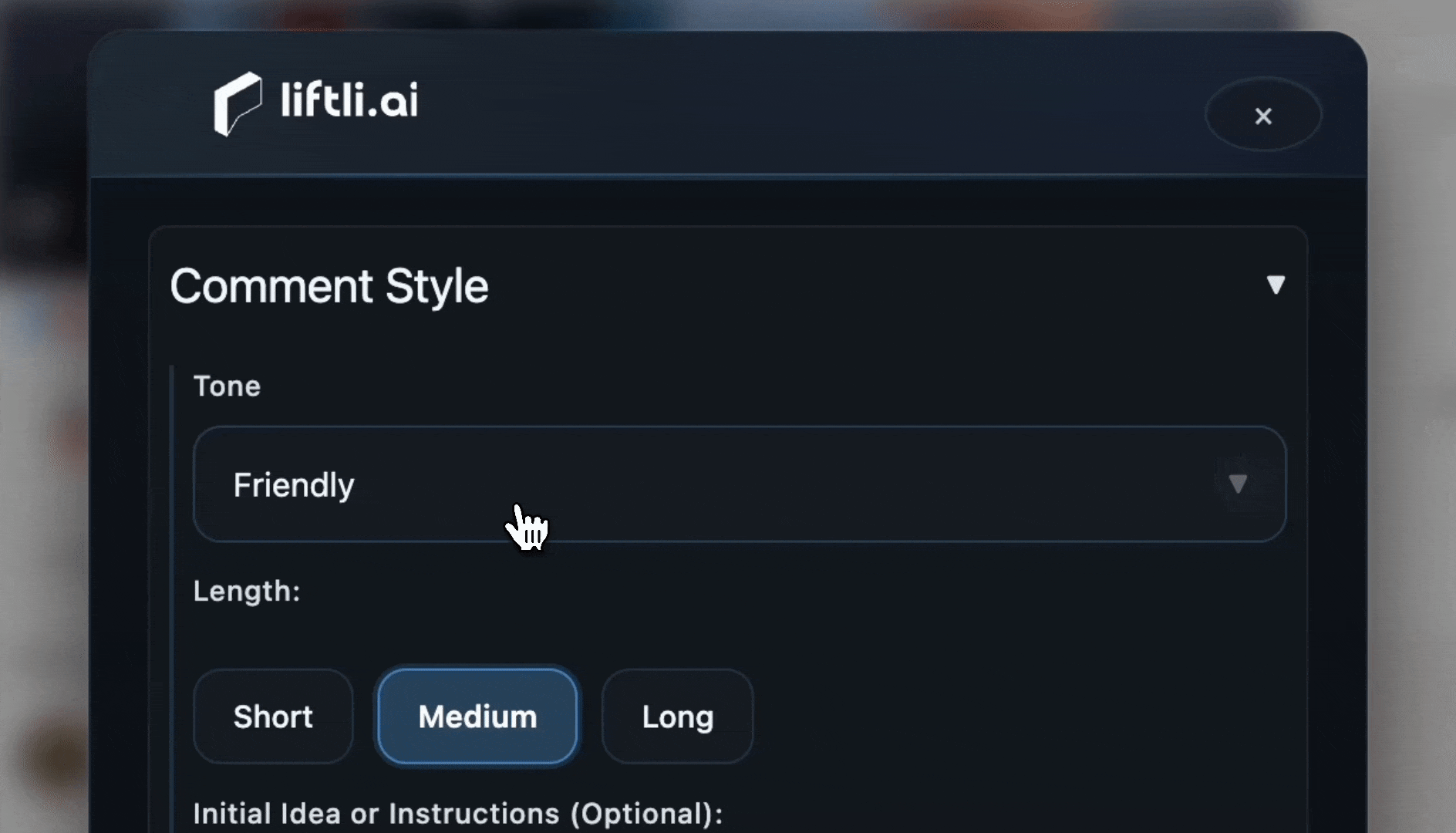 Liftli tone picker interface showing comment style options