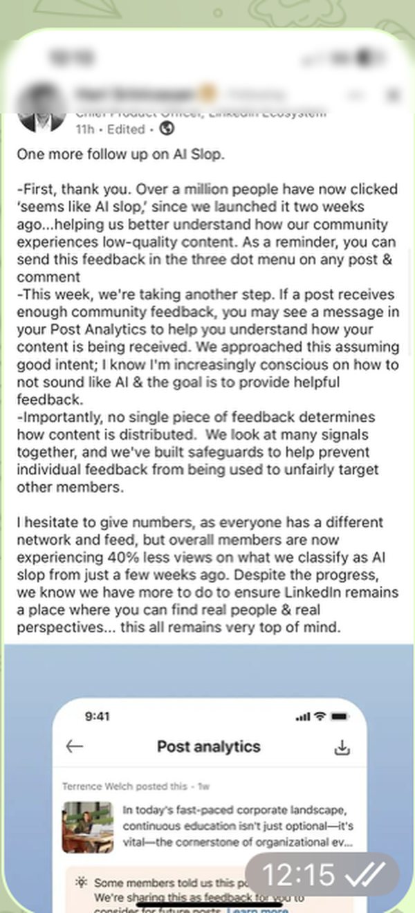 A screenshot of a LinkedIn post, sent into the Telegram chat as an image.